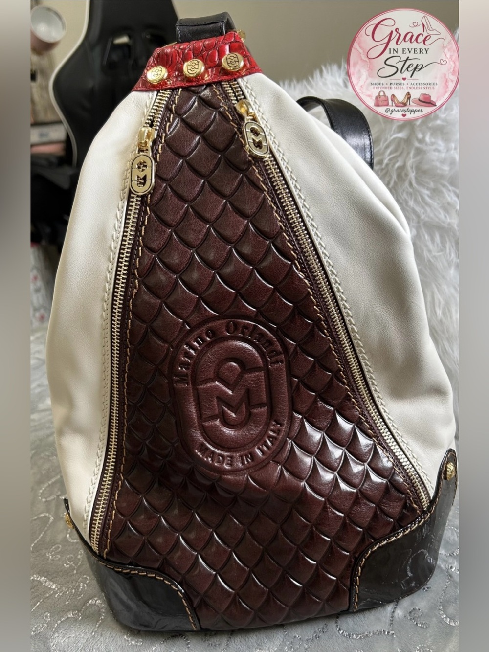 NWT Marino Orlandi SALLY, Two-Tone White & Brown Leather Backpack w/Red Accent